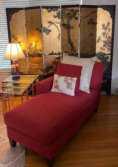 This beautiful Oriential six panel gold leaf room divider is a show stopper!! The red chaise is part of a three piece couch set. And the gold tone metal & glass bamboo nesting tables would be the perfect touch for any room!! 