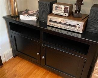 Media console cabinet. Kenwood receiver & Realistic cassette deck , Warrior Sculpture, Infinity shelf speakers. 