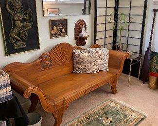 Ornate carved wood bench - shes saying Boho style to me but could be mixed with anything exotic!  Elegant showpiece!! 