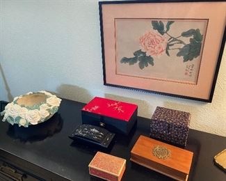 Little box collection, ceramic hand painted rose bowl, peony art. 