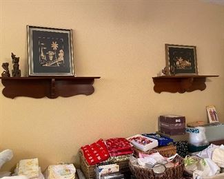 Pair of wood wall shelves, island straw art, wood carvings, small fabric collection, sewing supplies