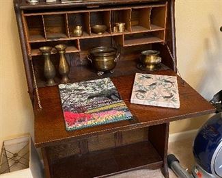 Sweet little antique writing desk, brass decor, 