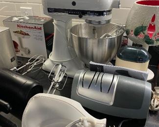 White kitchenaid mixer & food grinder attachment , handmixers, knife sharpener, 