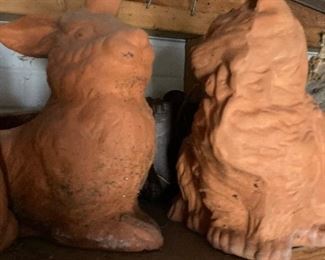 Terracotta bunnies , cats etc.