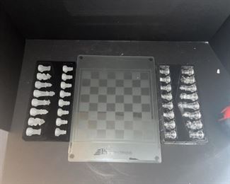 Glass chessboard w/ glass pieces complete 10x13”