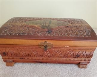 Hand Carved Wooden Music Box and Handkerchiefs