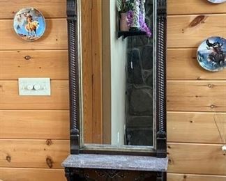 Ornate Carved Wooden 86-inch Floor Mirror With Marble Mantle