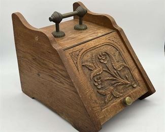 Intricately Carved Wooden Bread Box With Metal Handles