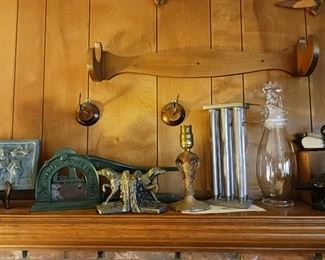 Champion tobacco cutter, retriever dog bookends, antique candle mold