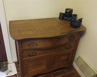 Antique oak two-drawer cabinet commode