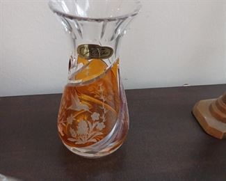 Cut to clear glass vase orange with hummingbirds