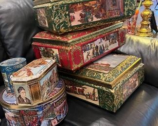 German tins, blue leather sofa