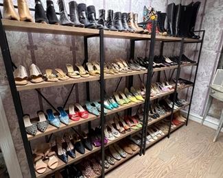 You can’t even imagine these shoes!  Size 7 1/2 to 9 1/2.  Makers include Chanel, Prada, Fendi, Dior, Jimmy Choo, Manolo Blahnik, Valentino, Gucci, Tod’s, Stuart Weitzman and SO many others.  Over 150 pairs of heels, flats, slides, mules and sandals.  Many never worn or only worn once.  They were all stored in individual plastic shoe boxes and are in mint condition!