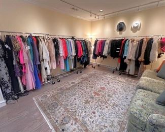 This is the tip of the iceberg on the clothing.  We have 12 racks of designer current and vintage clothing plus two huge closets.  The upstairs has all the clothes, costume and some fine jewelry, handbags, scarves and accessories.  You’ll be dazzled by the quality and quantity in this sale!