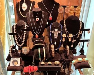 18k woven bracelet, 18k link bracelet, malachite and white bangles, American 2 1/2 dollar gold coin, 18k rings, pears, lapis, coral, Chinese silver & turquoise vermeil bracelet, Rebecca Collins coral brooch