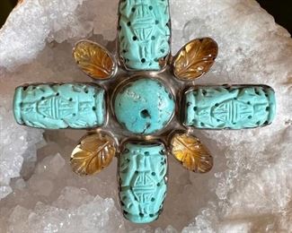 Rebecca Collins at her finest!  Vintage carved turquoise and citrine brooch/pendant
