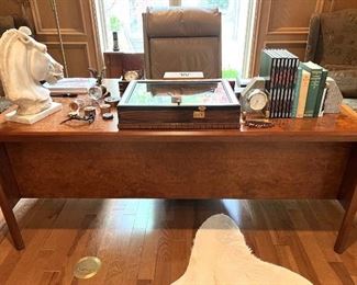 Mid-Century burled wood desk.  This desk is SO beautiful in person.  Everything is burled wood with a great patina