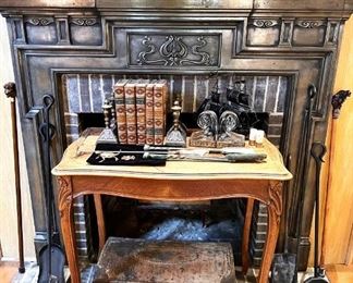Antique French table, leather bound books, bookends, Georgian coach trunk