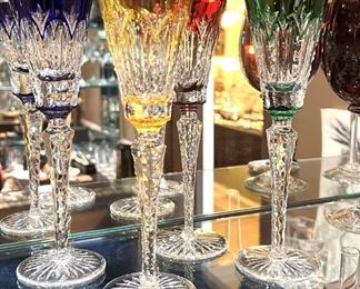 Set of (4) Faberge colored cut crystal cordials in fitted box