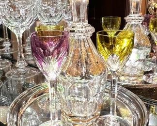 Baccarat crystal decanter with gold trim - Set of 3 Baccarat colored crystal cordials - small sterling tray