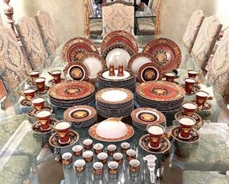 Versace “Medusa” china!  Chargers, plates, salad plates, bread & butter plates, cups & saucers, napkin rings, winged tureen, salt & pepper shakers, wine stopper.  Service for 14 less two pieces.  This is exquisite!