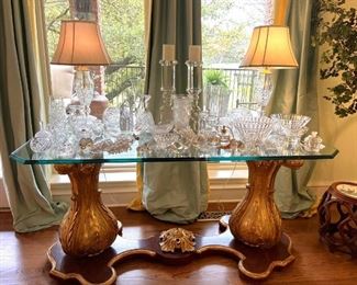 Custom gilded double column table.  Crystal:  St. Louis, Baccarat, Lalique, Waterford, Swarovski, Val St. Lambert, Rosenthal, Tiffany