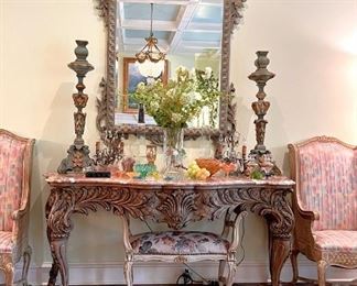 Antique French mirror; Antique carved French Console with marble top; pair of antique colored crystal sconces.  Colored crystal:  Charles Milner, Daum, Baccarat, Venetian, stone, alabaster, rock crystal and much more