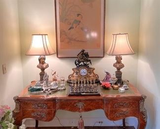 Antique French desk, pair of bronze figural lamps, inlaid chess set, Asian wall hanging, sterling figural inkwell set