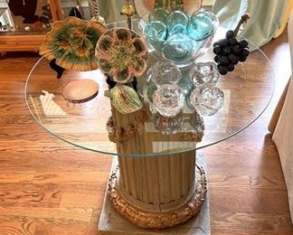 Glass topped antique pedestal side table with gilt floral swags