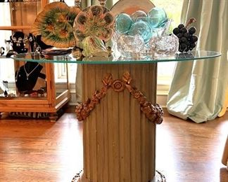 Majolica, alabaster grapes, brass and lapis candlesticks