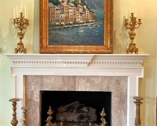 Bronze dore candelabras, (3) antique gilt wood candlesticks, Italian painting, French fireplace chenet