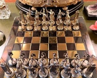 Mid-Century enamel and brass chess set
