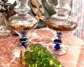 Antique cobalt and crystal gold containers with gold trim; Italian crystal grapes 