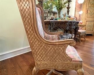 Pair of French style wing chair with carved sides