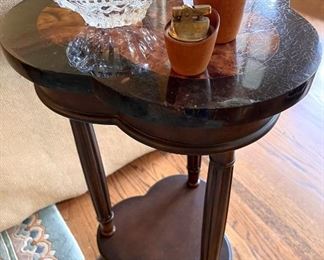 Crackle inlaid small tripod table; baccarat ashtray, vintage wood and brass two-piece lighter