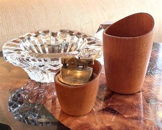 Vintage baccarat ashtray - MCM wooden two-piece lighter