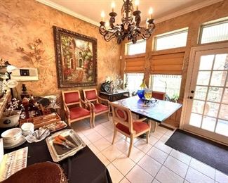 Breakfast area of kitchen - Custom Italian inlaid marble table with marble base and (4) chairs
