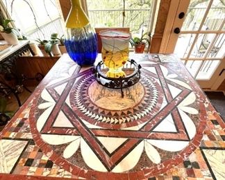 Custom Italian inlaid stone table with marble base