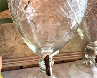 Pair large crystal dispensers engraved “Paris” with brass spout