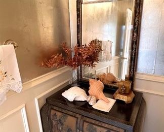 Oriental lacquered cabinet - Black Chinoiserie beveled mirror