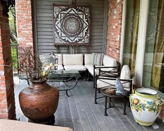 Four chairs that form a sectional sofa, side table, coffee table, Italian planter, Anglo-Indian style pierced copper planter