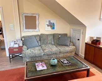 Romeo Rega coffee table, one of a pair of matching sofas, leather box on iron stand