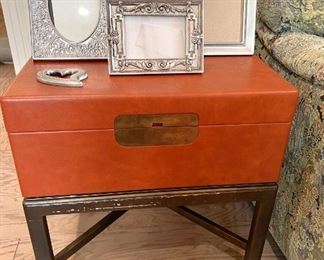 Leather box on custom iron stand