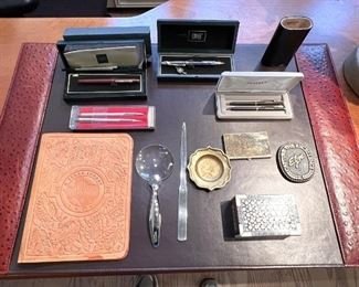 Full quill ostrich blotter, cross pens, accessories
