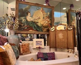 Main bath - oil painting, Fortuny pillows, child’s antique French dressing screen