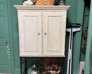 Mid Century painted “bamboo” cabinet on iron stand with glass shelf - Doctor’s office scale