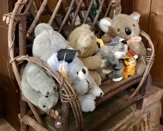 Small Wooden Bench and Stuffed Toys 