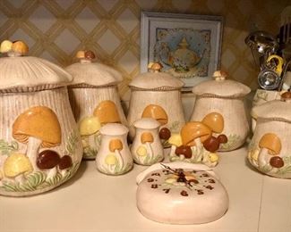 Mushroom Cannister Set with Salt and Pepper Shakers, Napkin Holder, and Acorn Clock 