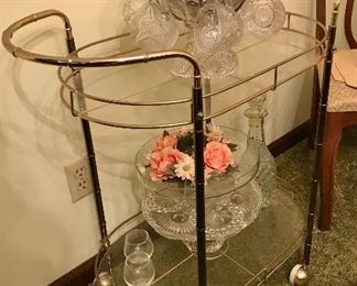 Vintage Brass and Glass Rolling Bar Cart 