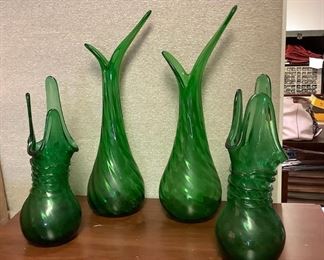 SJP141 Four Vintage Green Glass Vases
